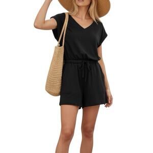 Black Soft Drawstring Romper Cap Sleeve V Neck V Back Pockets Size XS